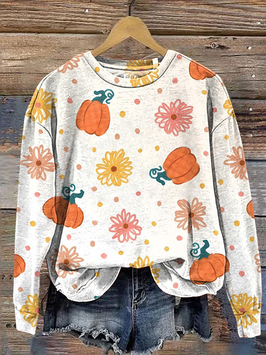Halloween Polka Dot Pumpkins & Mums Fall Autumn Casual Print Sweatshirt
