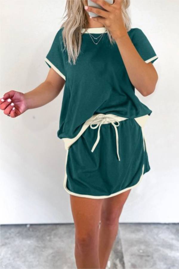 Damen T-Shirt Skort mit Farbblock-Kante und überschnittener Schulter, 2-teiliges Set