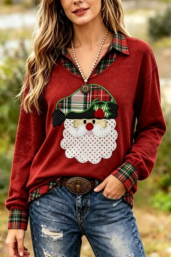 Christmas Santa Print V-Neck Long Sleeve Top