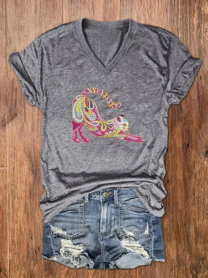 T-shirt col V à imprimé chat brodé pour femme