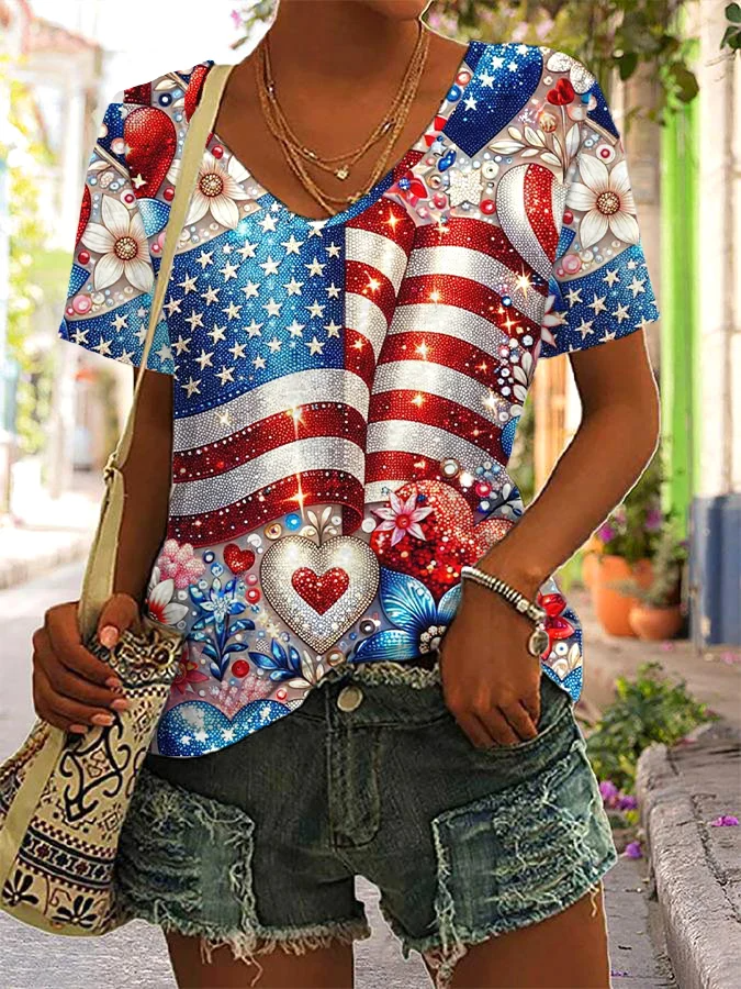 Women's Independence Day Floral Print V-Neck T-Shirt