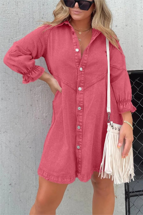 New Washed Denim Puff Sleeve Dress