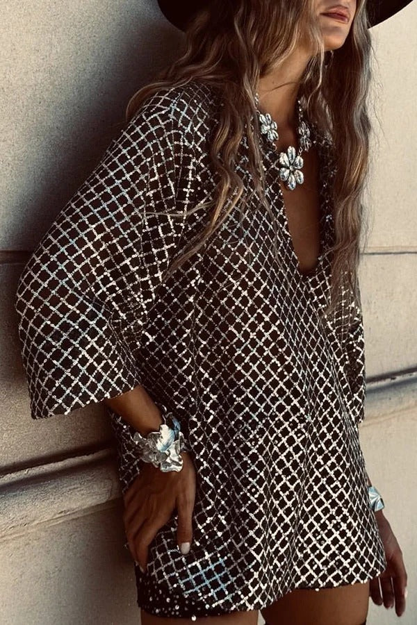 All about Glam Collar Sequin V-neck Half Sleeve Loose Top