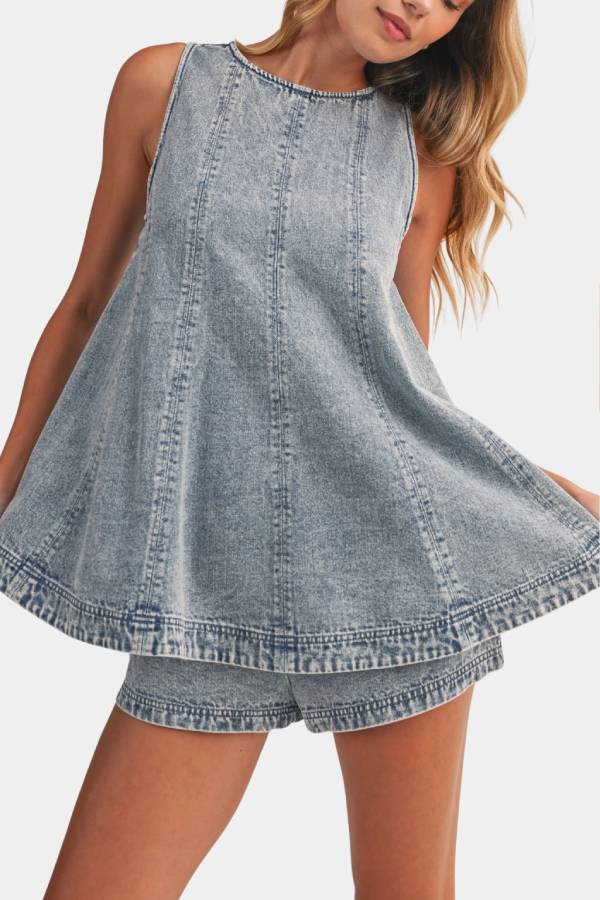 Vintage Wash Sleeveless A-Line Denim Top & Shorts Set
