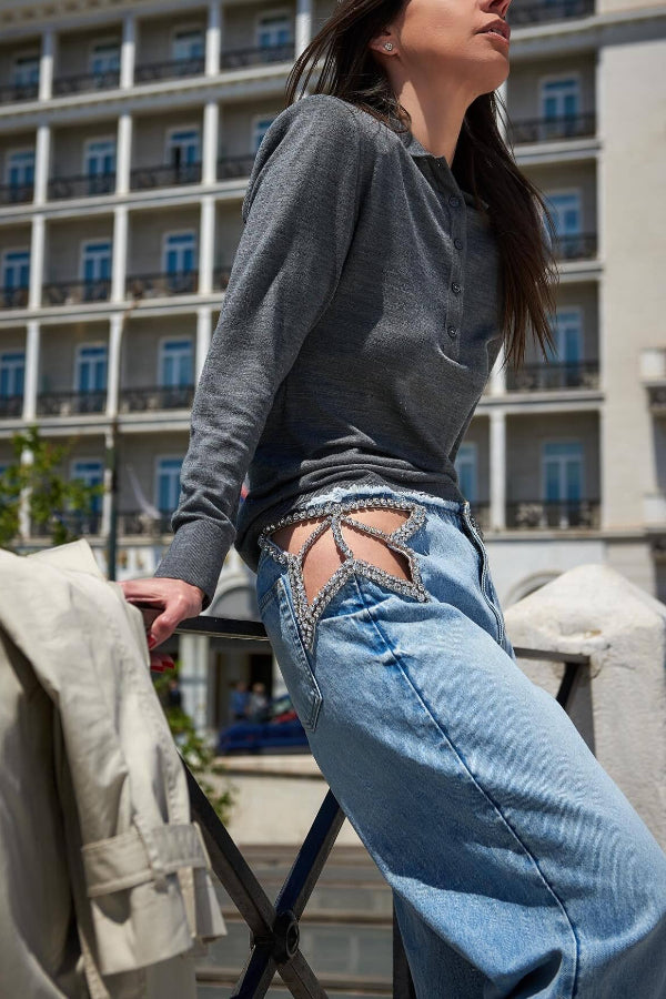 Denim Side Waist Rhinestone Embellished Star Cutout Pocket Straight Leg Jeans