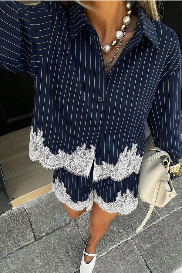 Anna Lace-trimmed Striped Shirt and Shorts Set