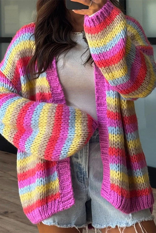Olya Knit Colorful Stripes Long Balloon Sleeve Open Front Loose Cardigan