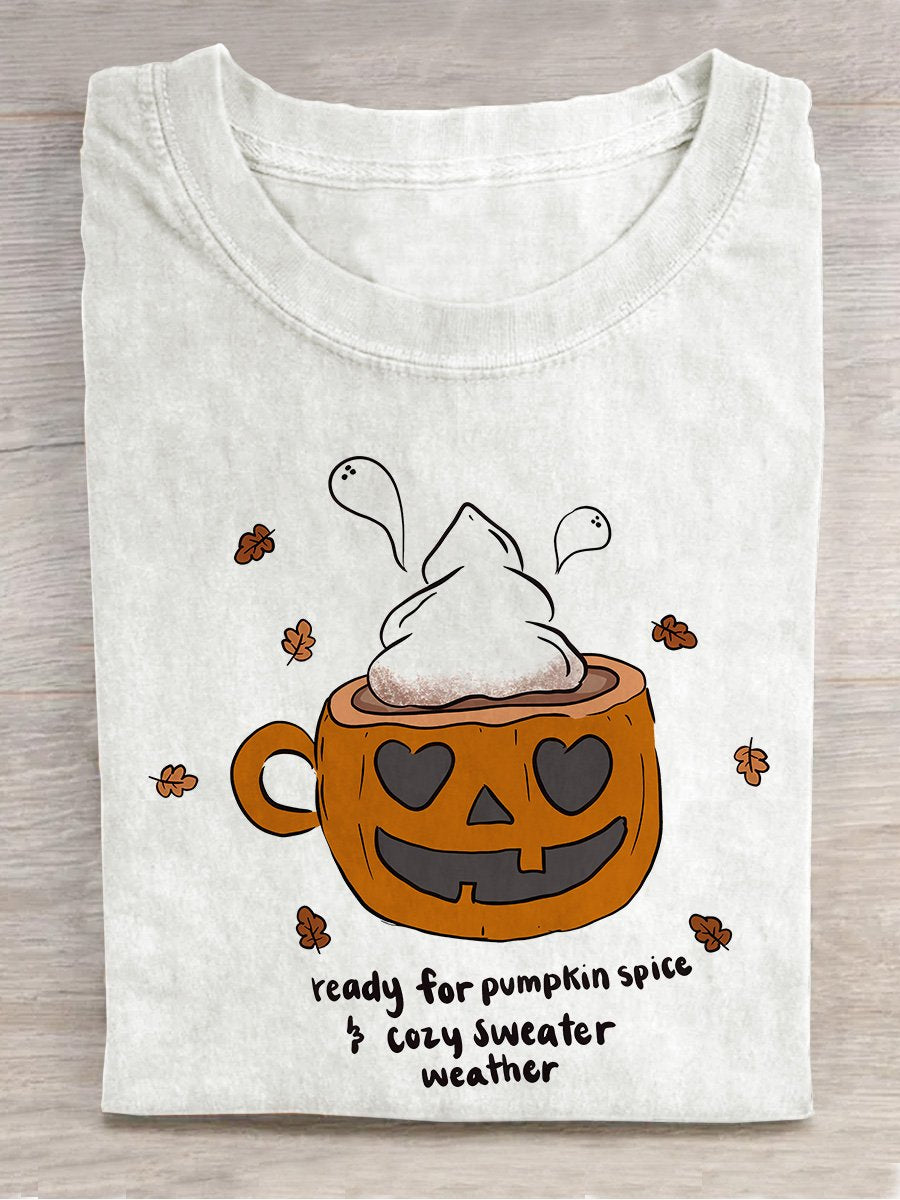 Pumpkin Spice Mug Halloween Casual Print T-shirt