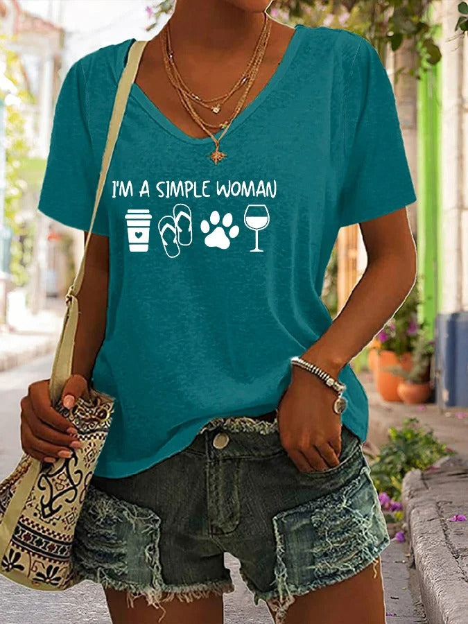 T-shirt décontracté à col en V pour femme avec imprimé pattes de chien « I'm A Simple Woman »