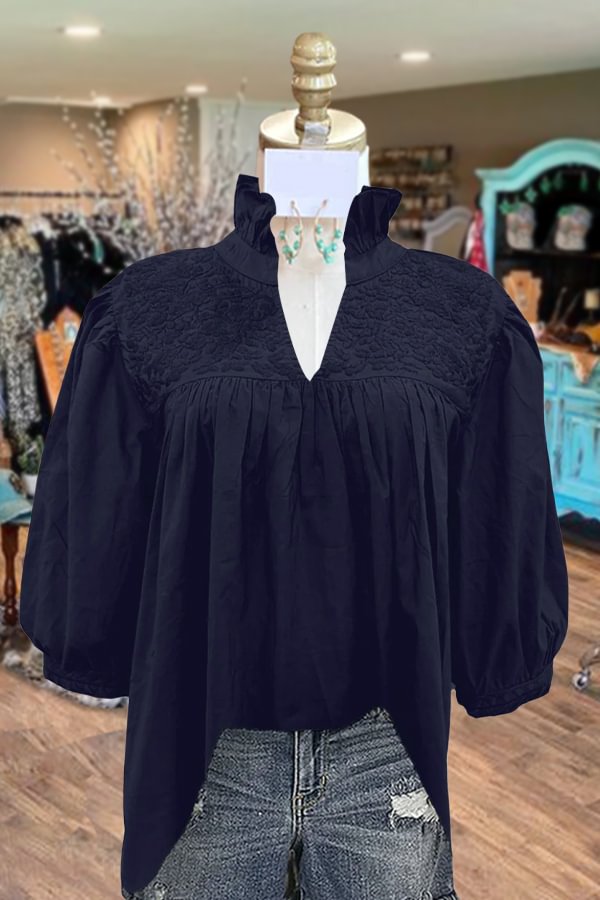 Solid Ruffle V-Neck Embroidered Puff Sleeve Top
