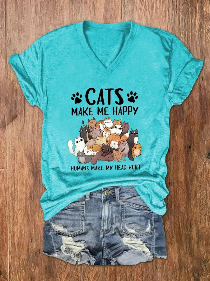 T-shirt col V imprimé « Les chats me rendent heureuse, les humains me font mal à la tête » pour femme