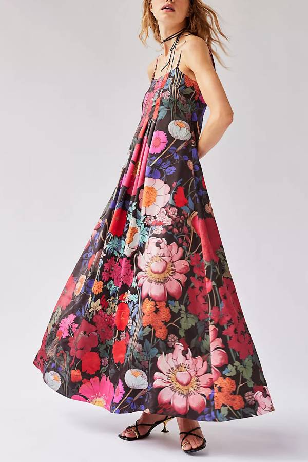 Vintage Oil‑Painting Floral Spaghetti Strap Maxi Dress