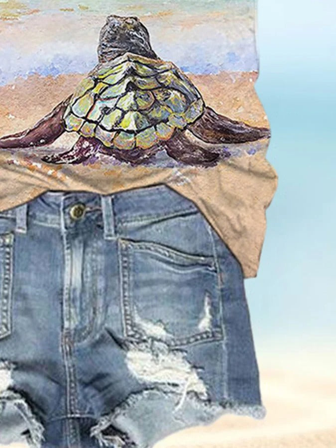 Débardeur décontracté à col rond et imprimé tortue pour femme