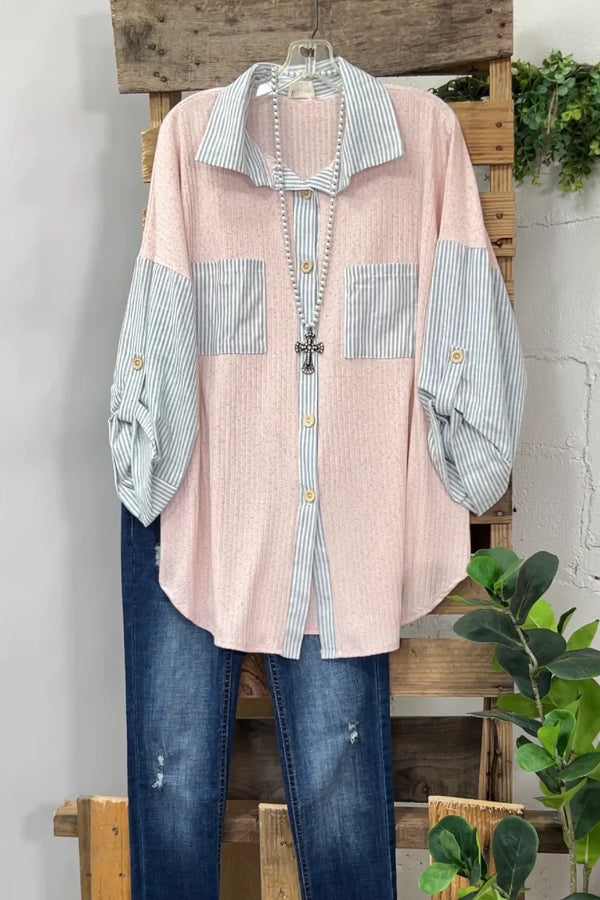 Chemise rayée avec col en coton, manches longues, poches devant, chemise rayée color block