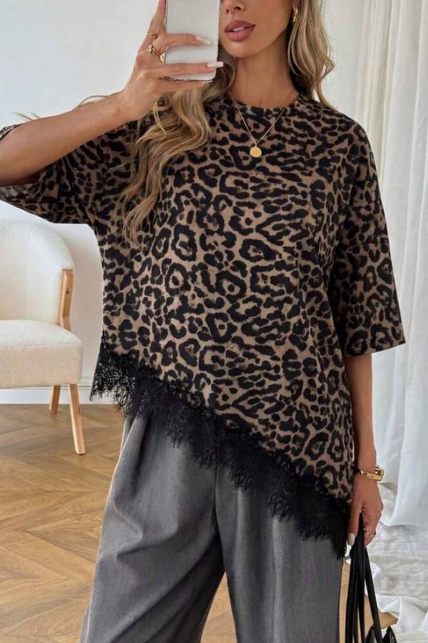 Asymmetrical Lace Hem Mid Sleeve Loose T-Shirt