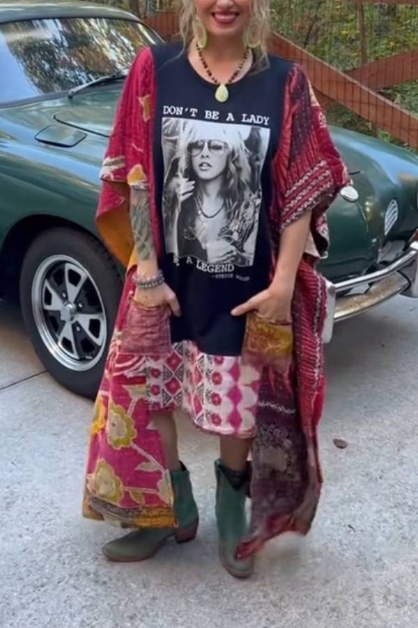 Stevie Nicks Kantha Quilt Long Batwing Sleeve T‑Shirt Tunic