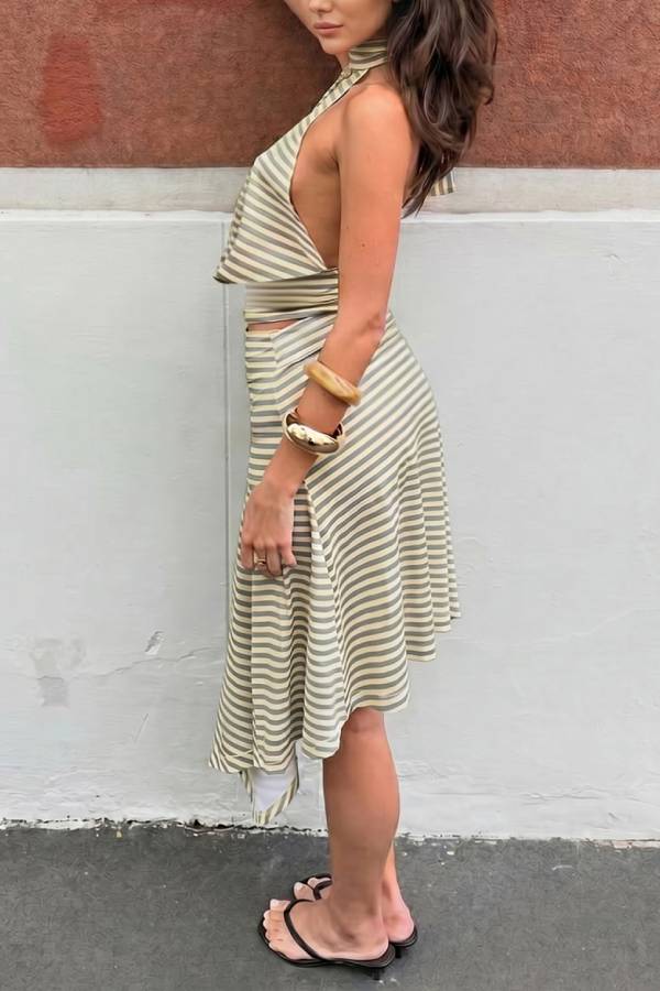 Striped Halter Open Back Crop Top & Irregular Draped Midi Skirt Two Piece Set