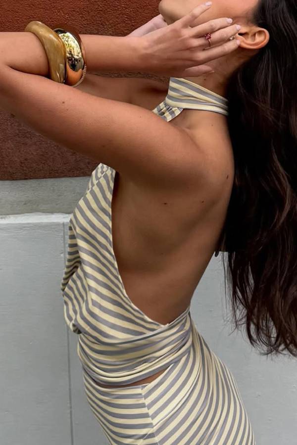 Striped Halter Open Back Crop Top & Irregular Draped Midi Skirt Two Piece Set
