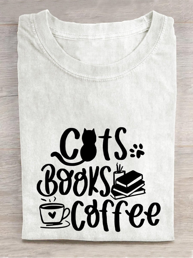 Cats Books Coffee Lover Casual Print T-shirt