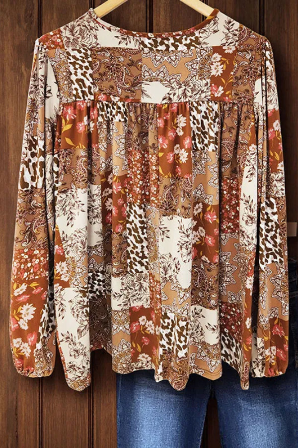 MIXED PRINT TIE COLLAR PUFF SLEEVE TOP