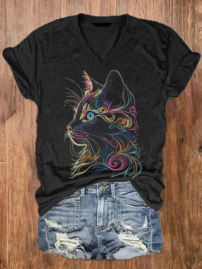 T-shirt col V imprimé chat mignon pour femme