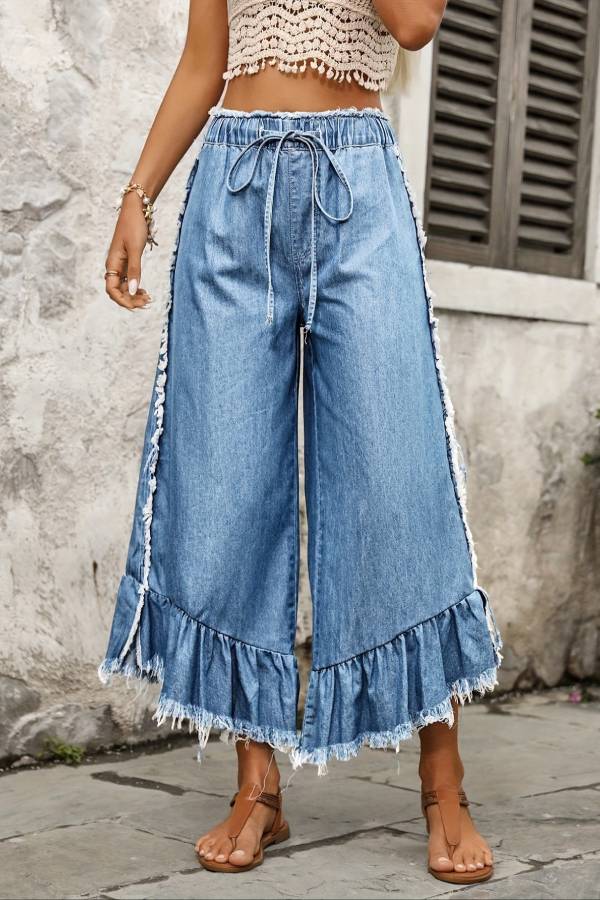 Boho Fringe Ruffled Denim Wide‑Leg Cropped Pants