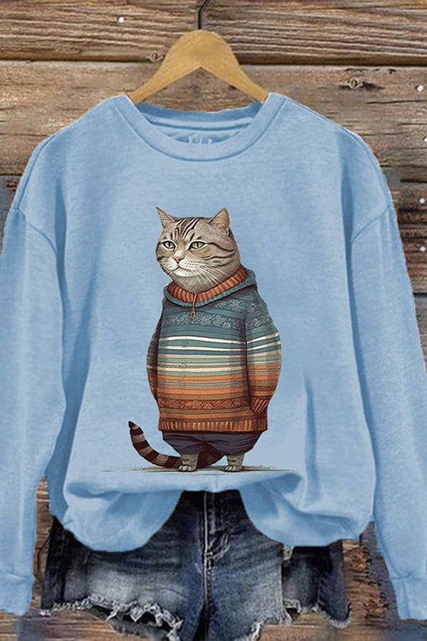 Women's Winter Cat Print Crew Neck Sweatshirt