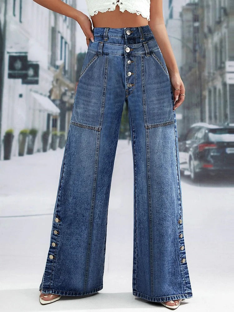 UR Daily Spliced Button Denim Straight Wide Leg Jeans