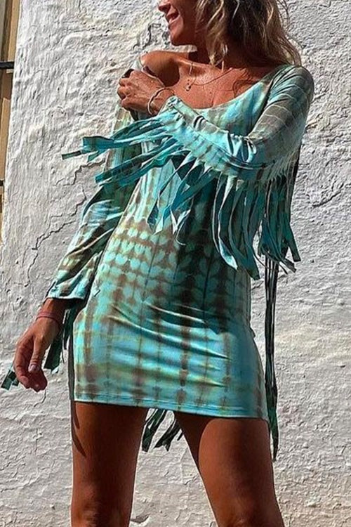 Tassel Long Sleeve Tie Dye Bodycon Dress