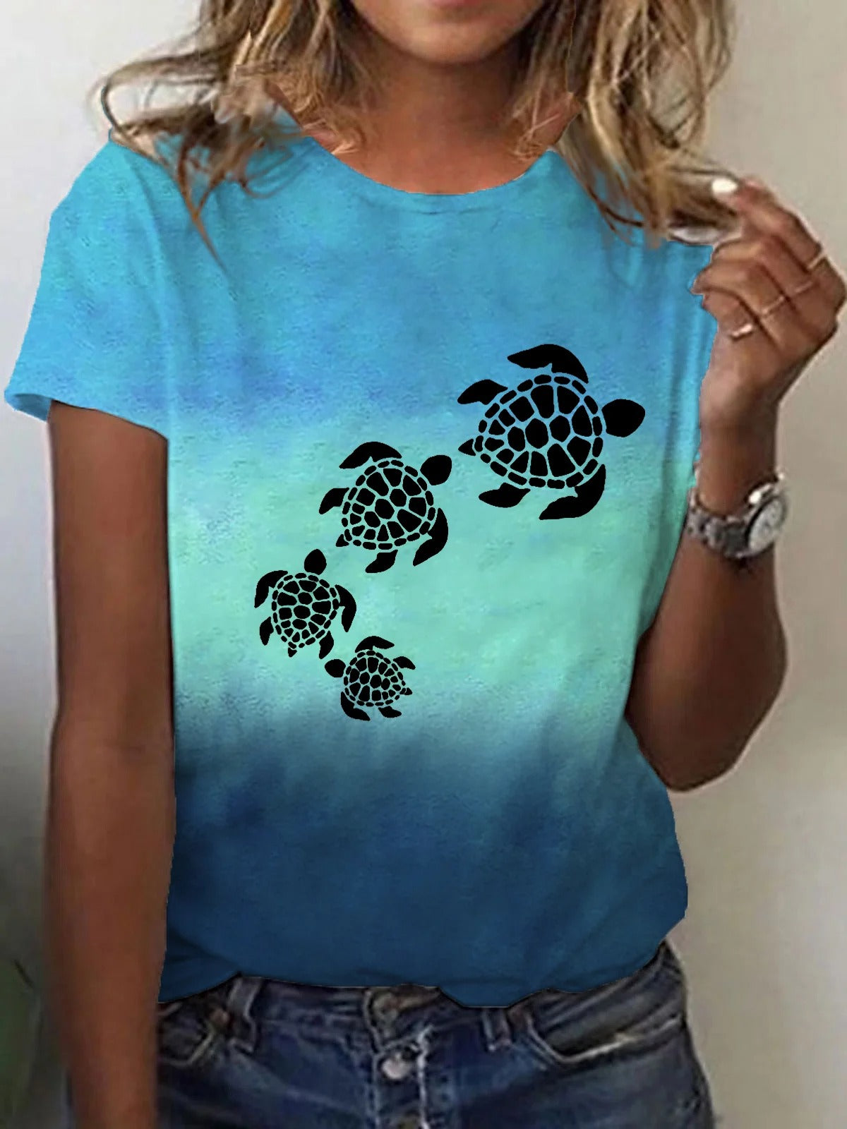 T-shirt décontracté imprimé tortue de plage pour femme
