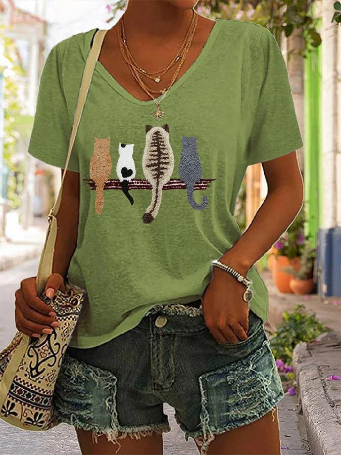 T-shirt col V à imprimé chat pour femme