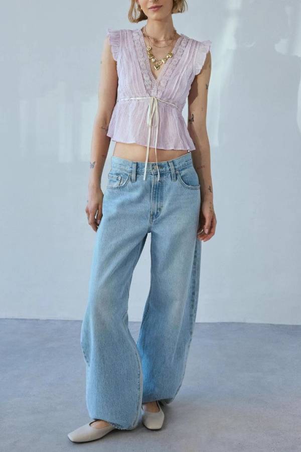 V-Neck Lace Ruffled Tie-Waist Crop Top