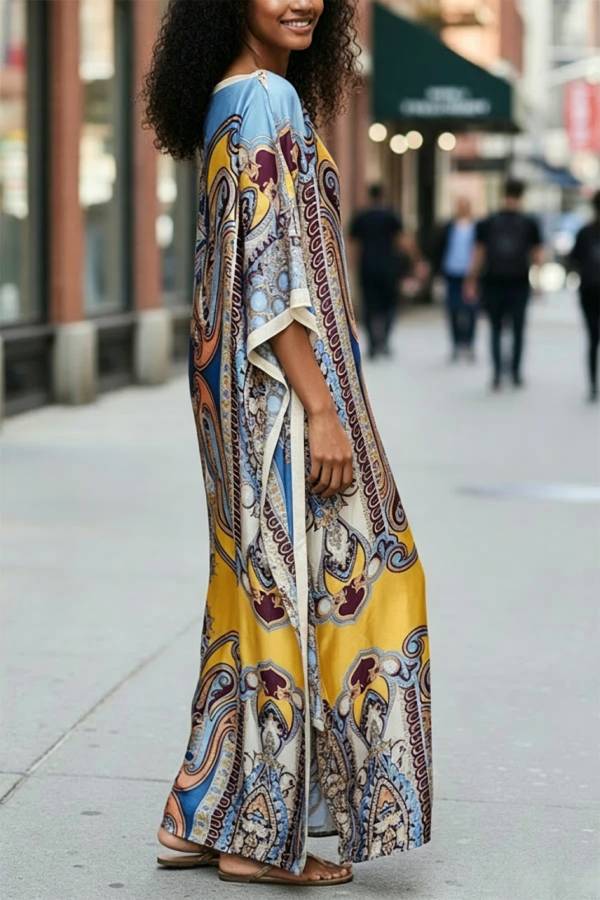 Luxury Vacation Satin Court-style Printed Batwing Sleeve Loose Kaftan Maxi Dress