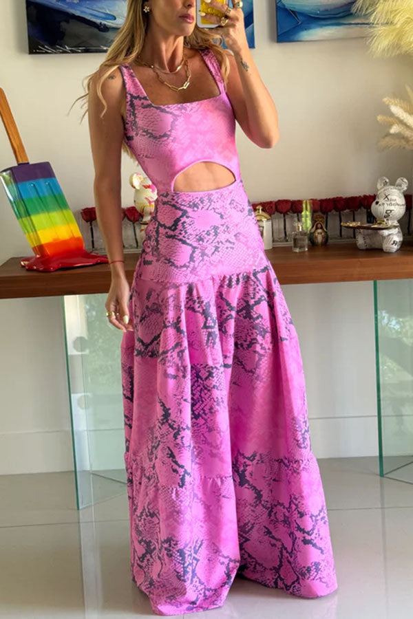 Robe longue à imprimé animal Reema Unique, bretelles larges et taille découpée