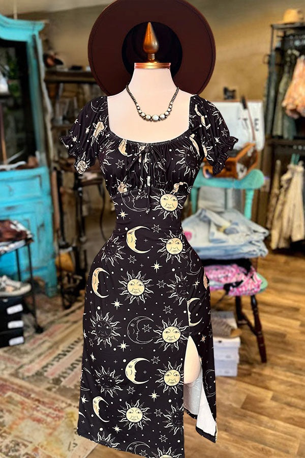 Robe fendue vintage à imprimé étoiles et soleil