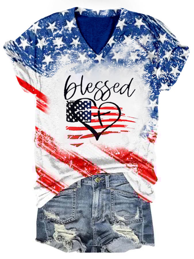 Women's Independence Day American Flag Faith Blessed Cross Print V-Neck Casual T-Shirt