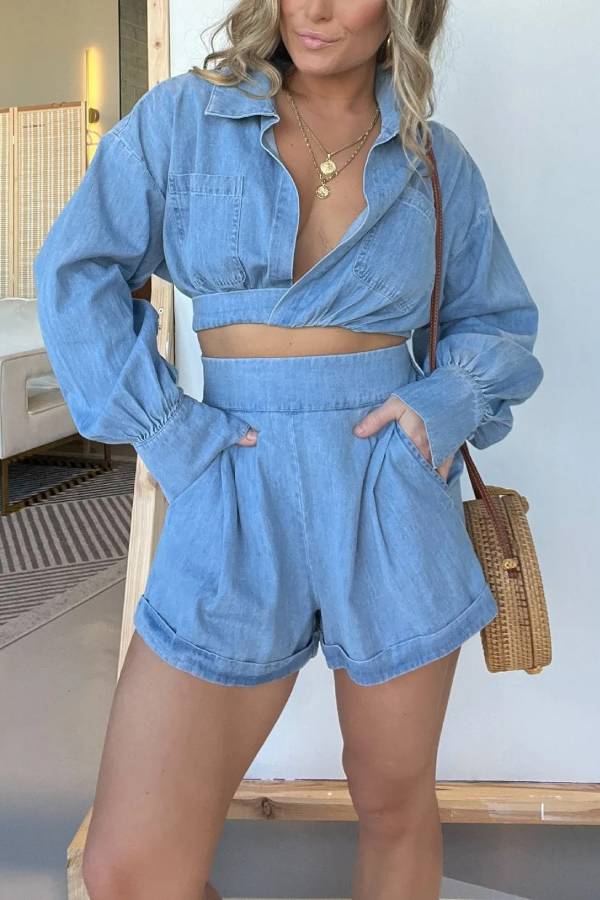 Long Sleeves Crop Shirt and Shorts Denim Set