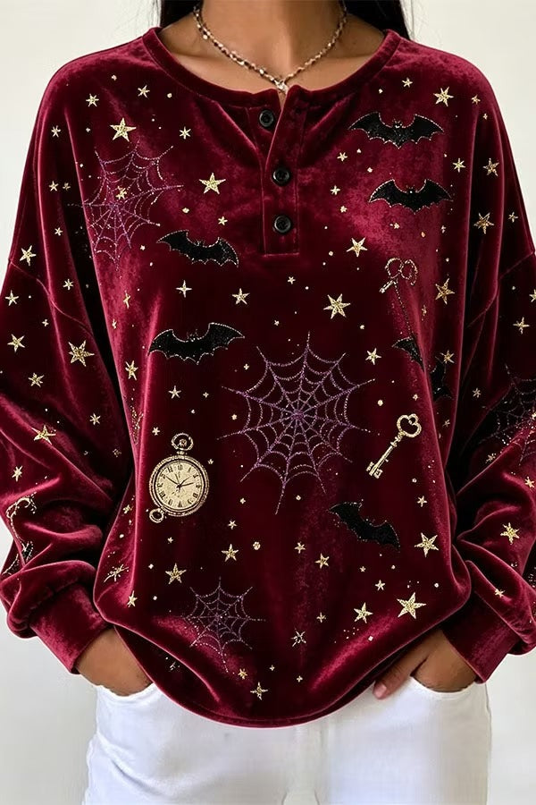 Spooky Season Velvet Long Sleeve Halloween Shirt with Buttons