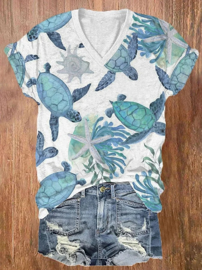 T-shirt décontracté à col en V et imprimé tortue hawaïenne pour femme