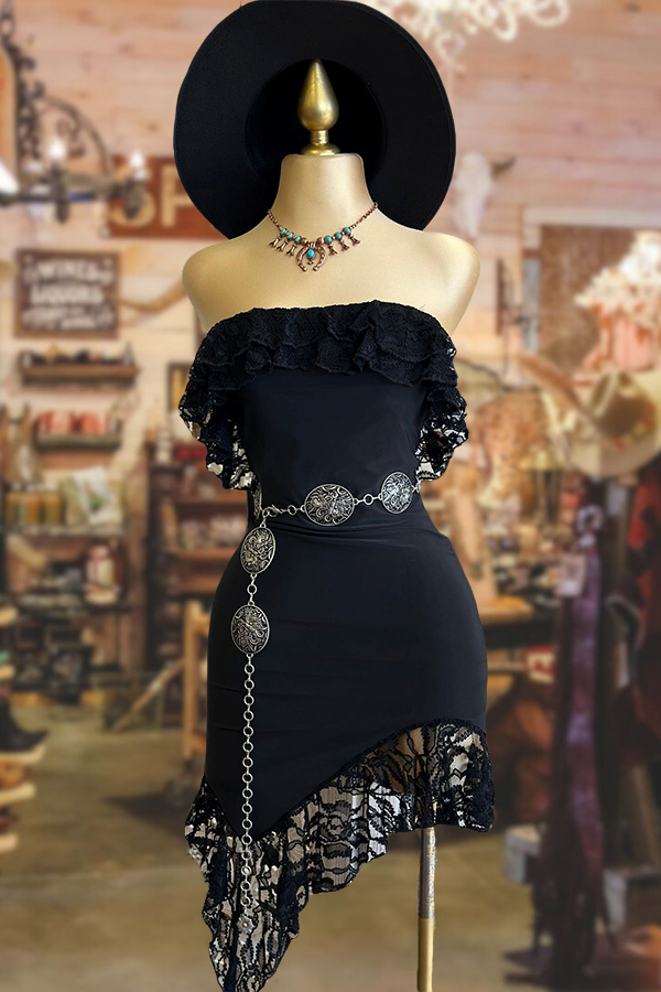Black Lace Ruffle Off Shoulder Dress