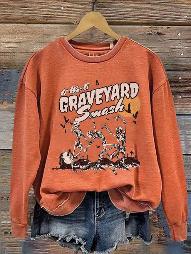 Retro Skeleton Halloween Casual Print Sweatshirt