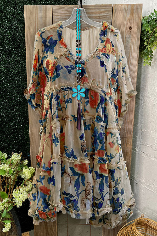 Robe plissée à volants et col en V à imprimé floral vintage