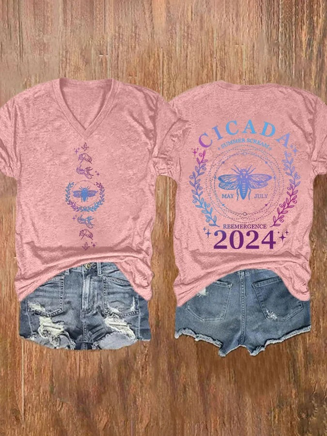 T-shirt col V imprimé Cicada Scream pour femme, été, mai, juillet, réémergence 2024