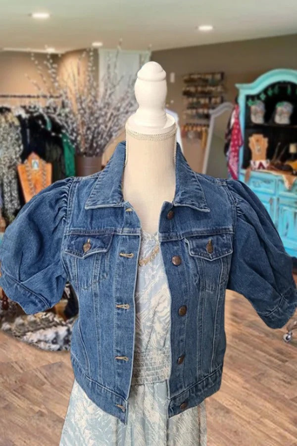 Veste en jean décontractée à manches bouffantes et boutons
