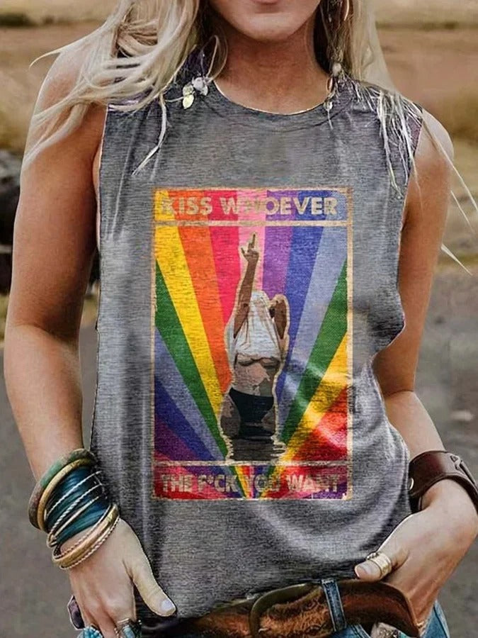 Women's Kiss Whoever The Fuck You Want Print Casual Tank Top