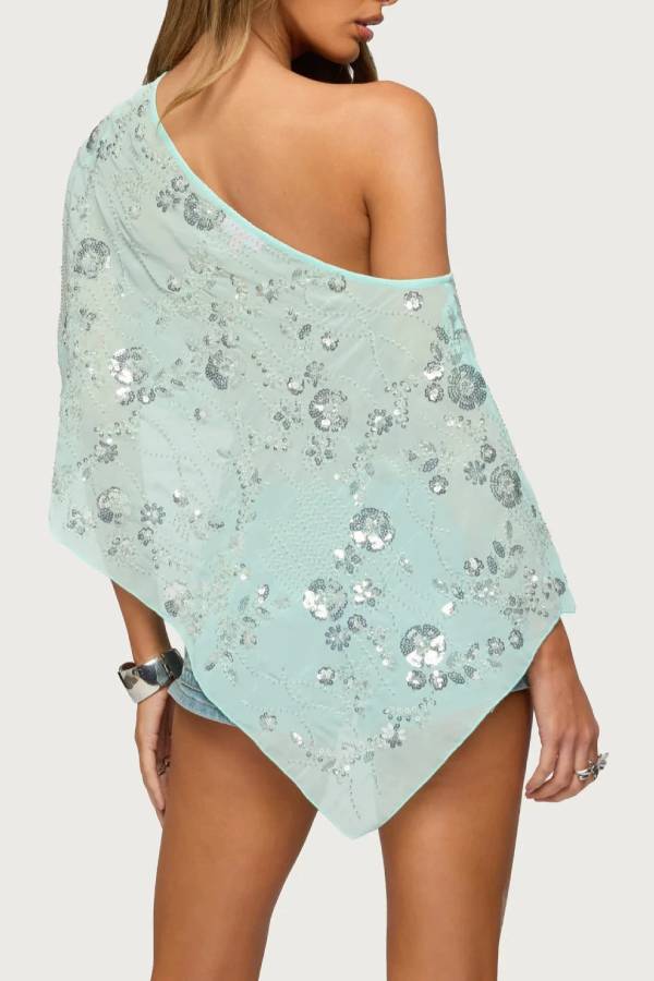 One Shoulder Irregular Sequin Mesh Cover Up Top, Boho Holiday Asymmetrical Crop Blouse
