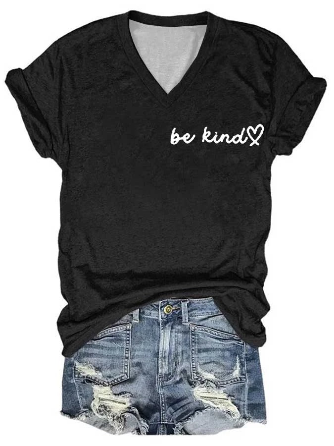 Damen-T-Shirt mit V-Ausschnitt und „Be Kind The World Is A Better Place With You In It“-Aufdruck, kurzärmlig