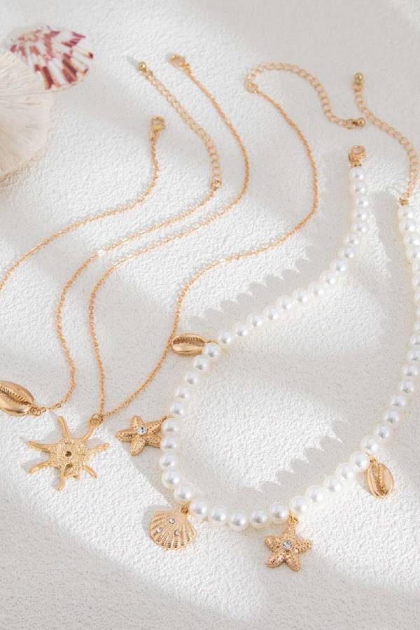 Bohemian Imitation Pearl Holiday Style Retro Starfish Shell Pendant Necklace Set