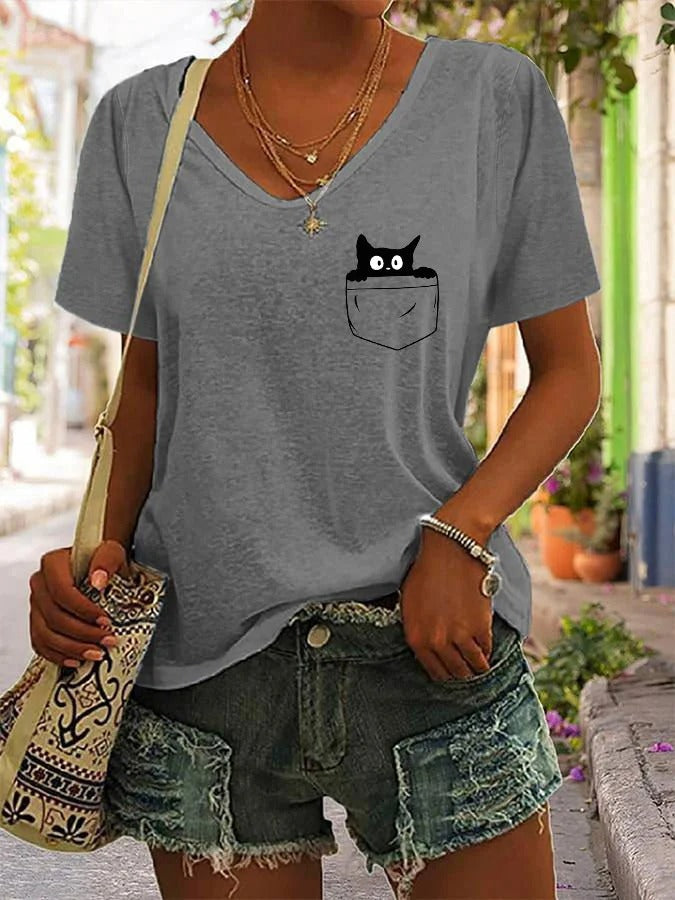 T-shirt col V imprimé chat noir humoristique pour femme