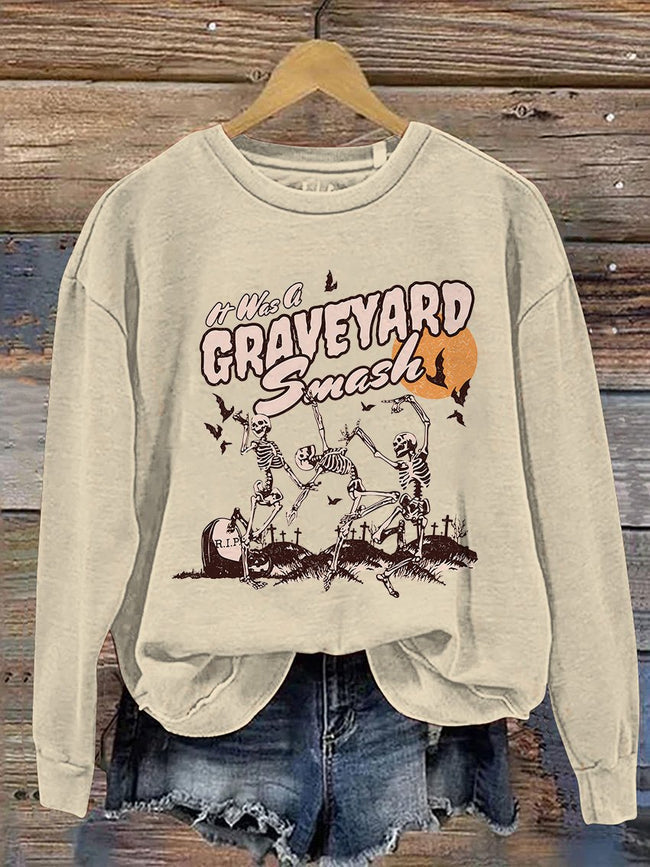 Retro Skeleton Halloween Casual Print Sweatshirt